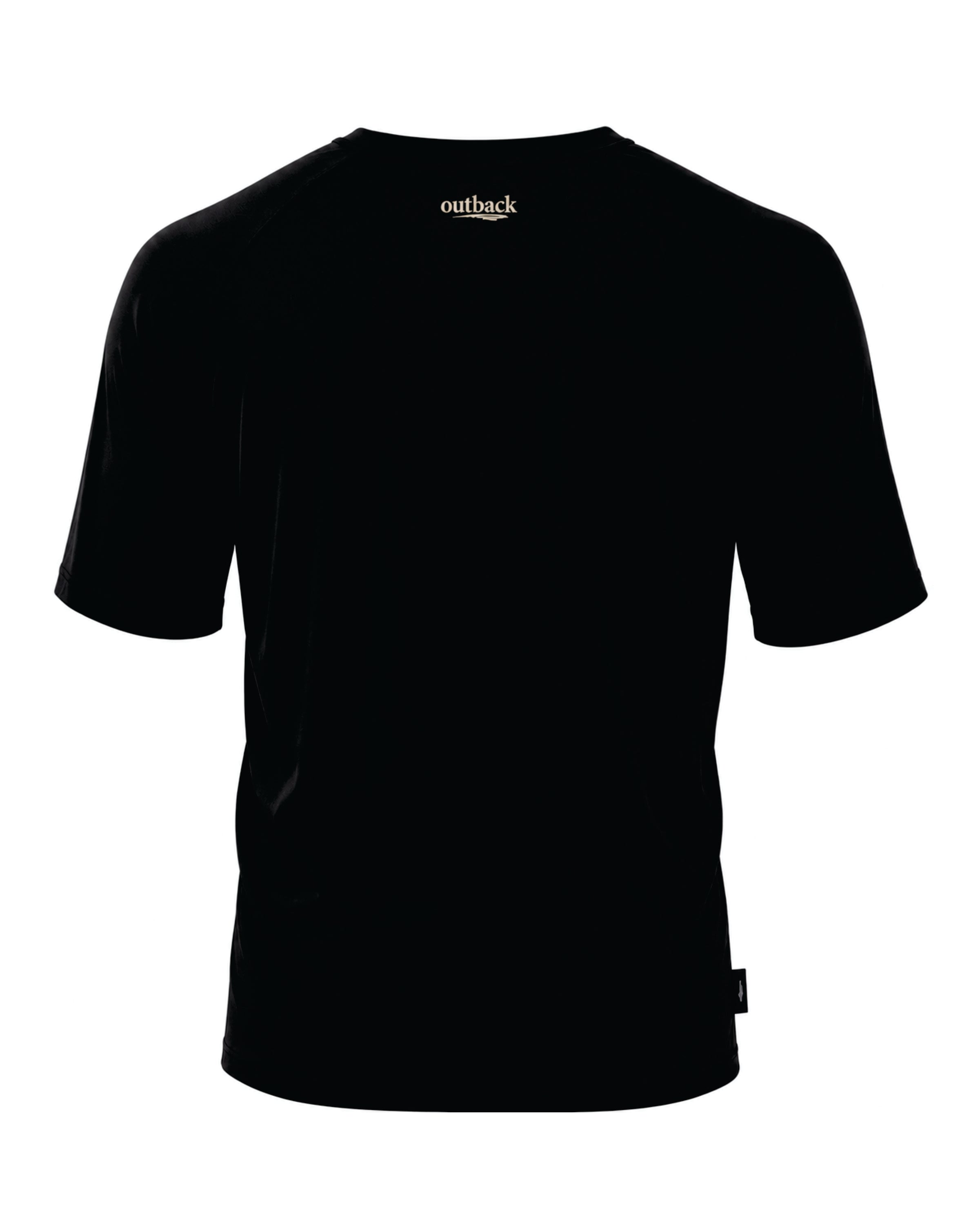 A black short-sleeve crewneck t-shirt with a small gold 'outback' logo printed on the inside of the collar, shown against a plain white background.