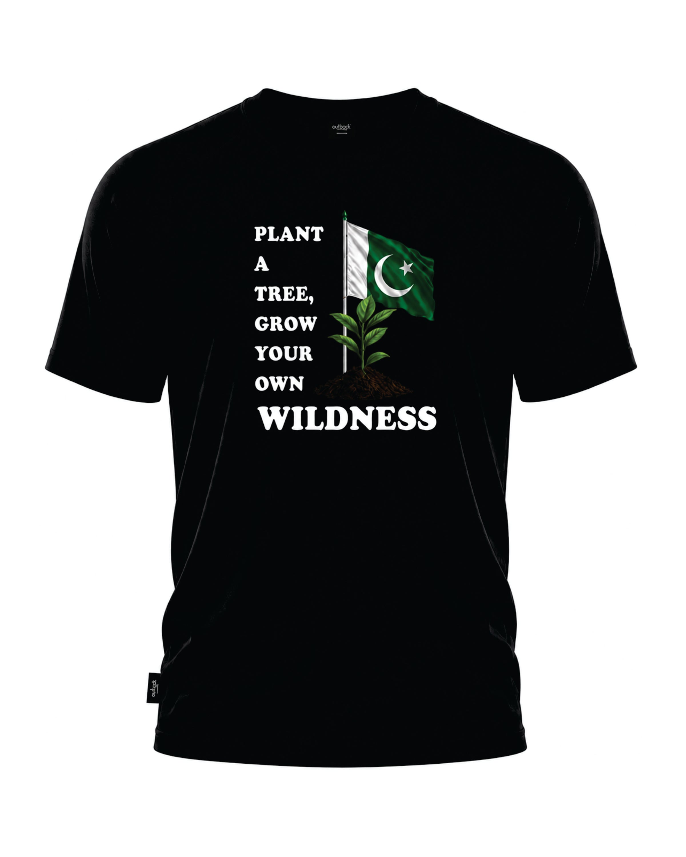 A black short-sleeve t-shirt with a graphic print on the front. The graphic features the text 'PLANT A TREE, GROW YOUR OWN WILDERNESS' in white, alongside a vertical illustration of a green tree trunk and leaves next to a Pakistani flag.