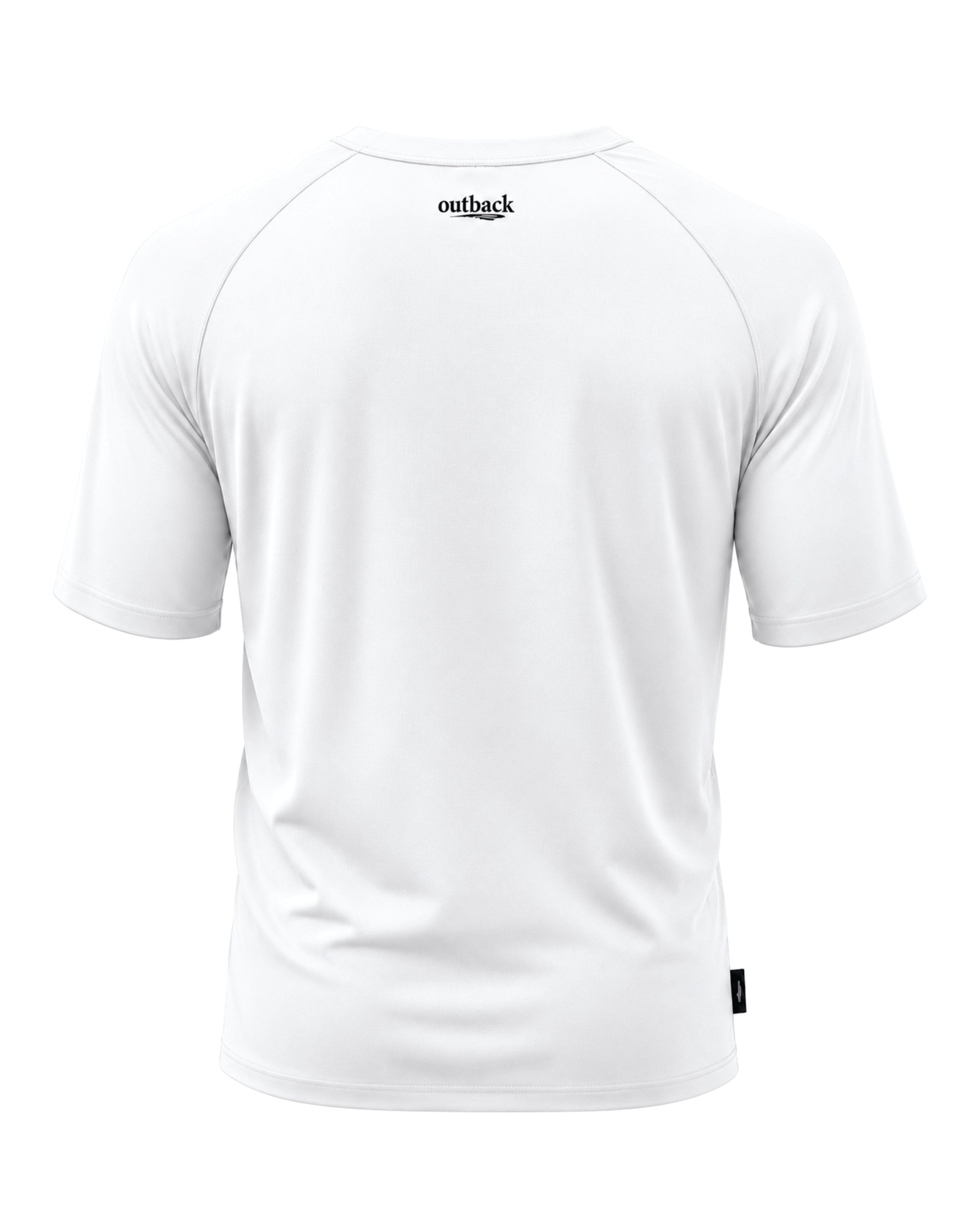 White short-sleeve athletic performance shirt shown from the back, featuring a small black 'outback' logo centered below the collar and a small black brand tag near the bottom hem.
