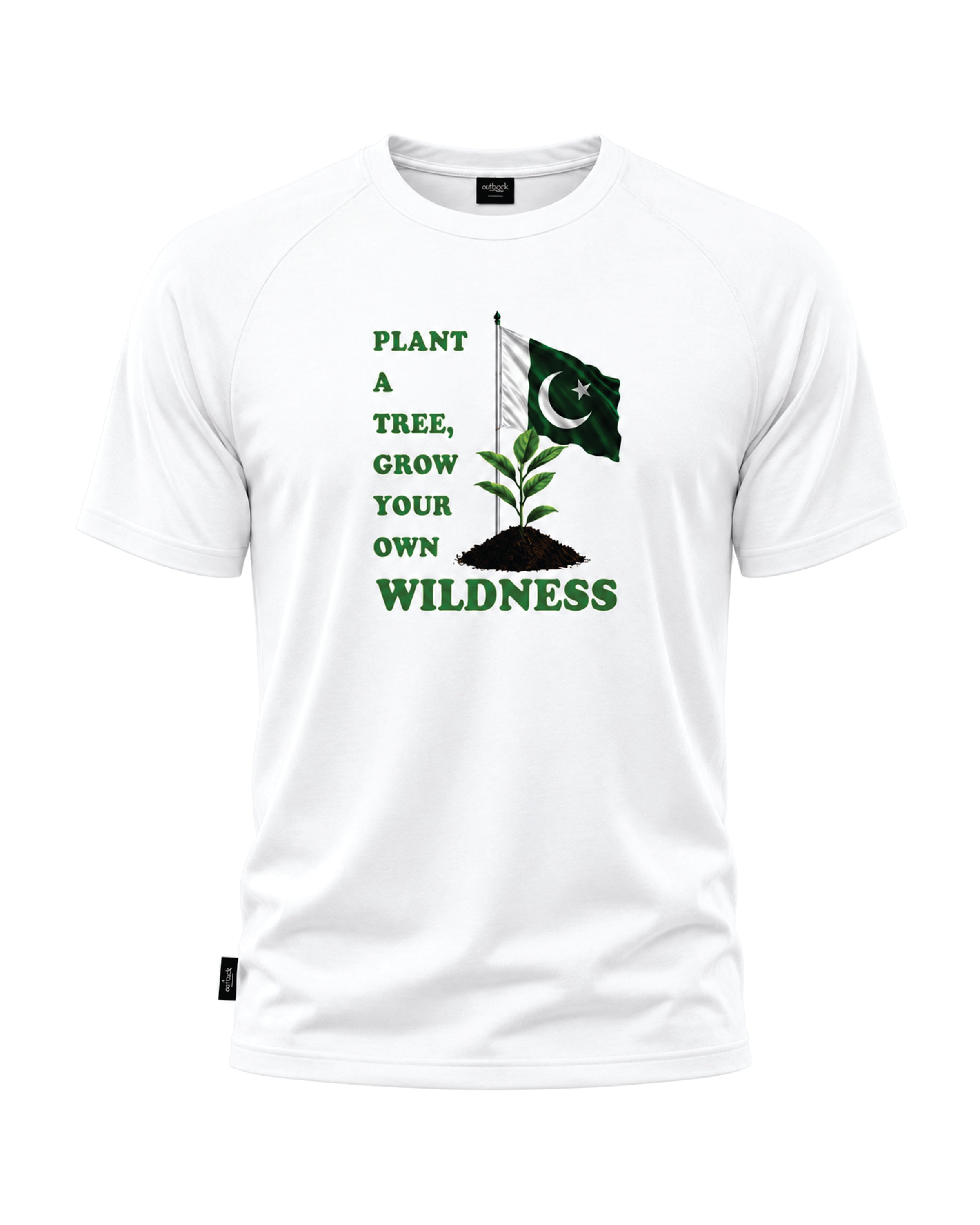 A white short-sleeve t-shirt with a green graphic on the front that reads 'PLANT A TREE, GROW YOUR OWN WILDERNESS' alongside a small tree and a Pakistan flag.