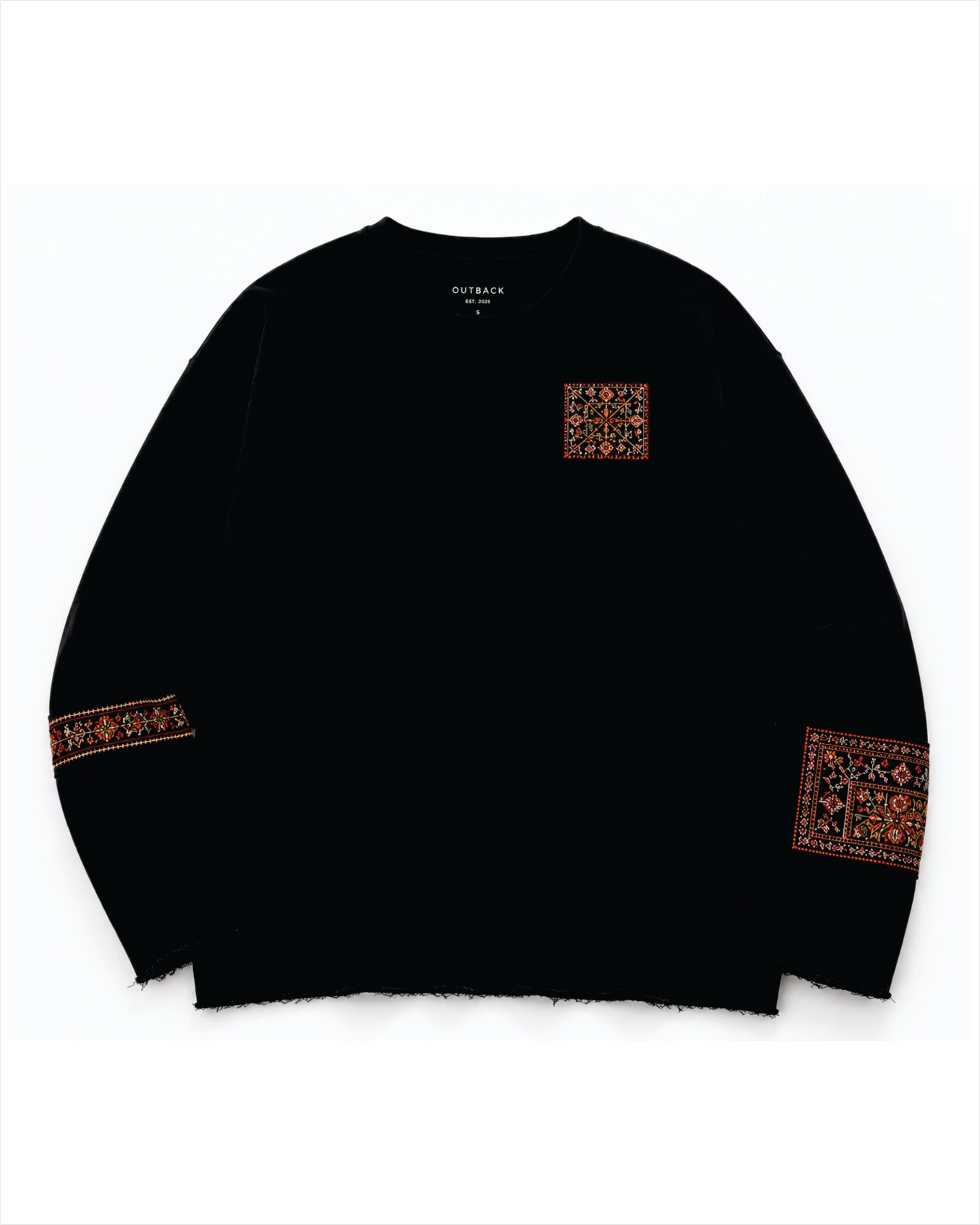 A black long-sleeve knit sweater with embroidered geometric patterns on the chest and both sleeves, displayed flat against a white background.