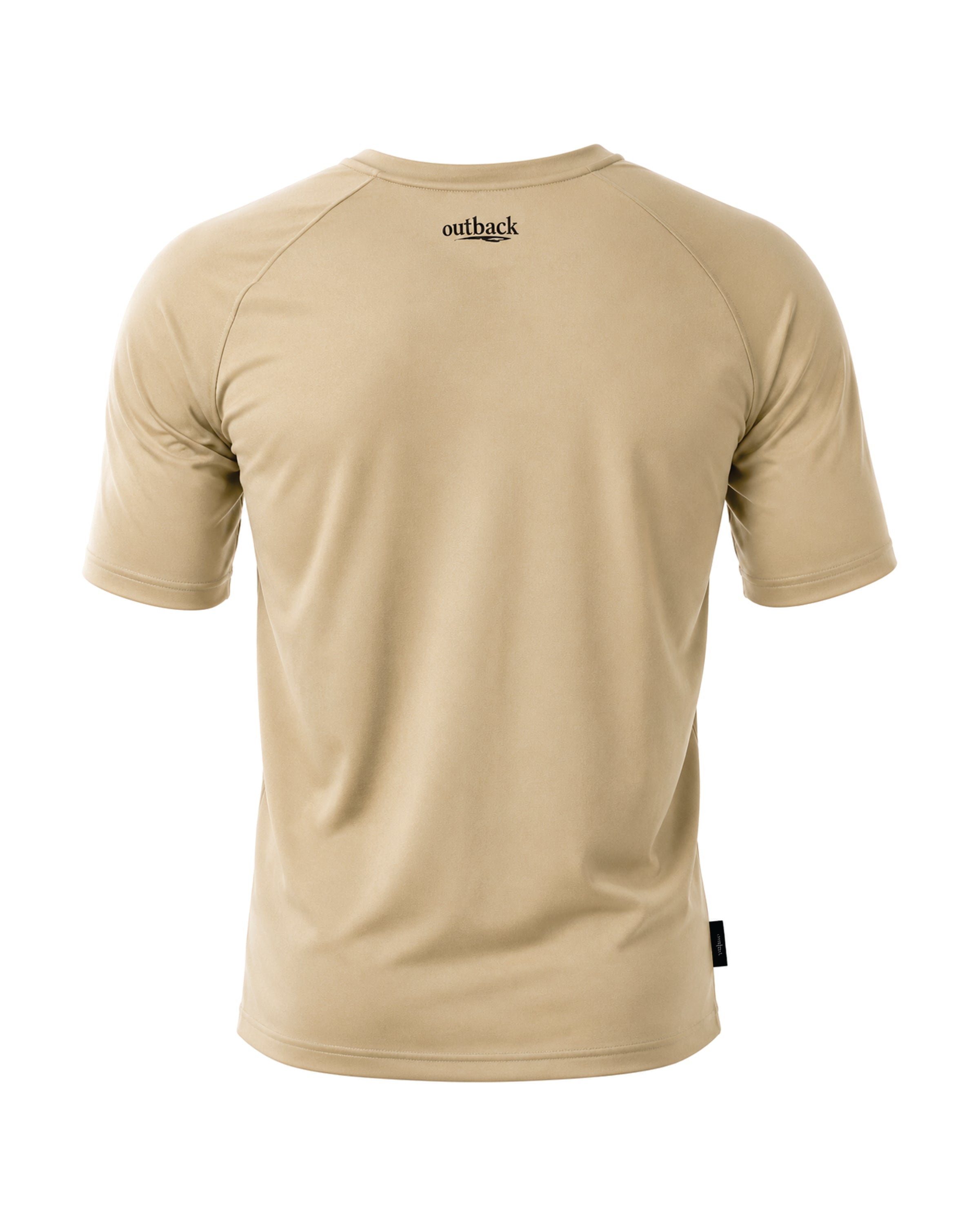 A short-sleeve athletic t-shirt in a light khaki or sand color, shown from the back. It features a small black 'outback' logo printed at the center of the upper back and a small black brand tag near the bottom hem, set against a plain white background.