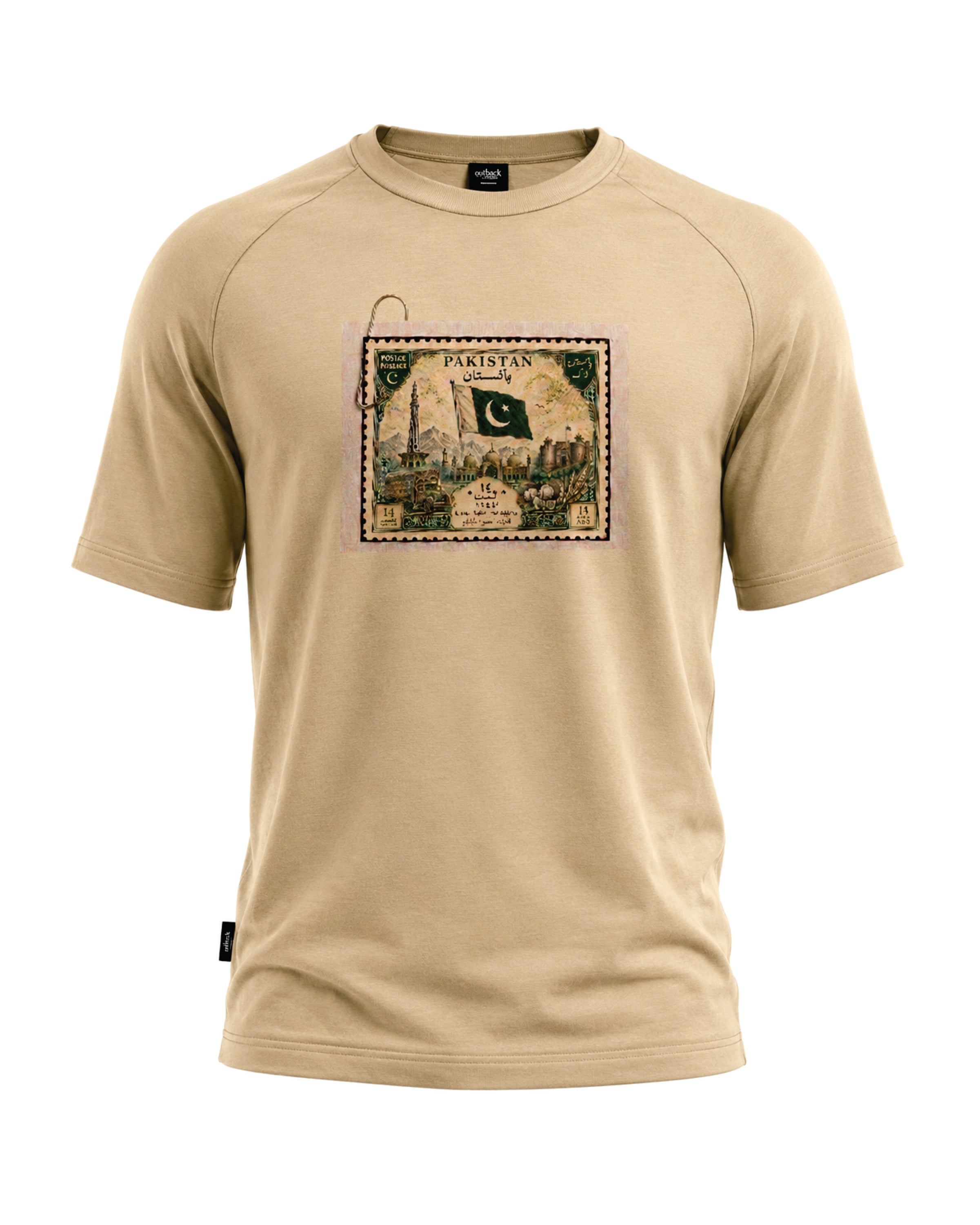 A beige short-sleeve crewneck t-shirt featuring a vintage-style postage stamp graphic on the chest with the text 'Pakistan' and the Pakistan flag, displayed on a clean white background.