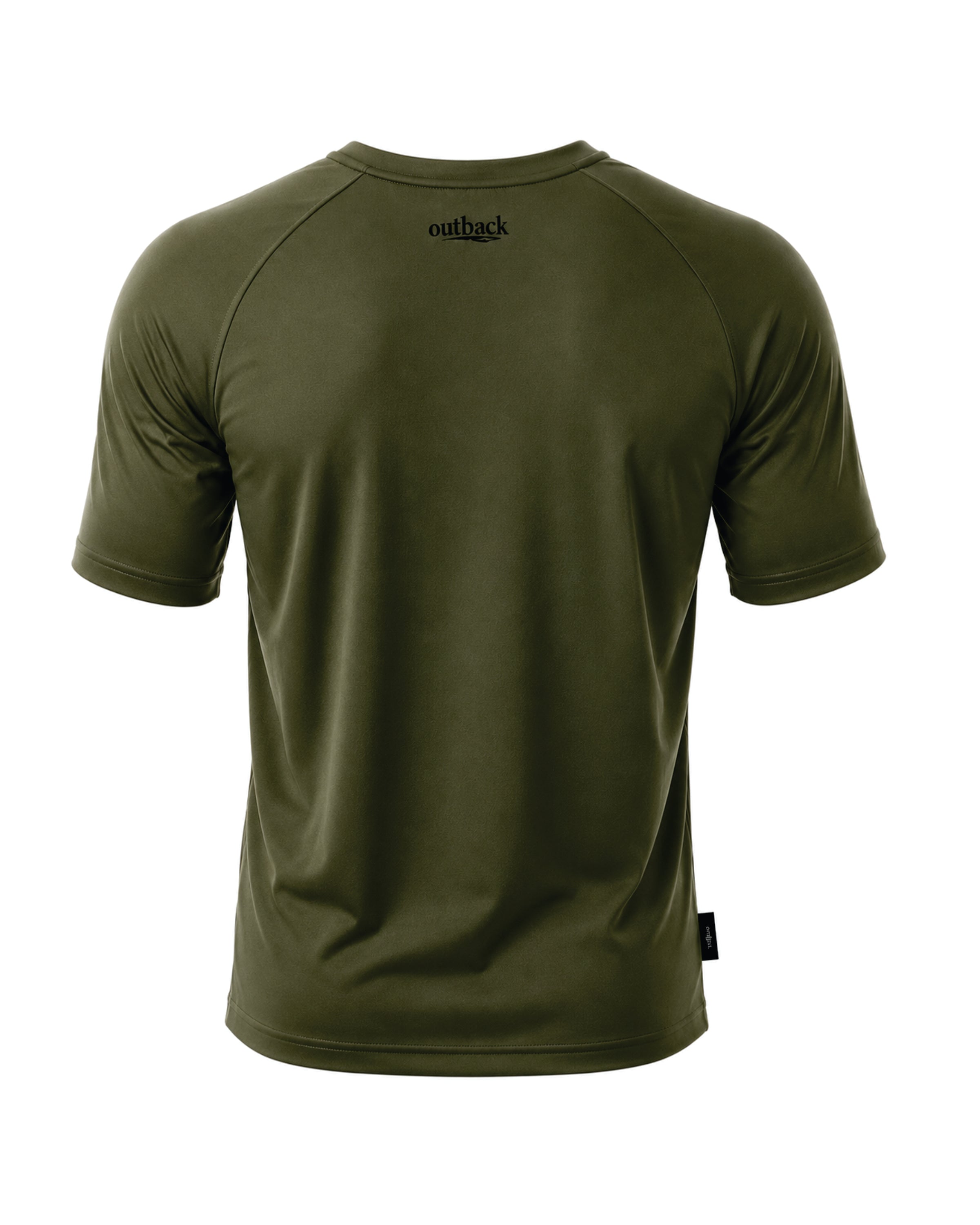 An olive green short-sleeve athletic t-shirt shown from the back, featuring a black 'outback' logo printed on the upper neck and a small black brand tag on the lower hem, set against a plain white background.