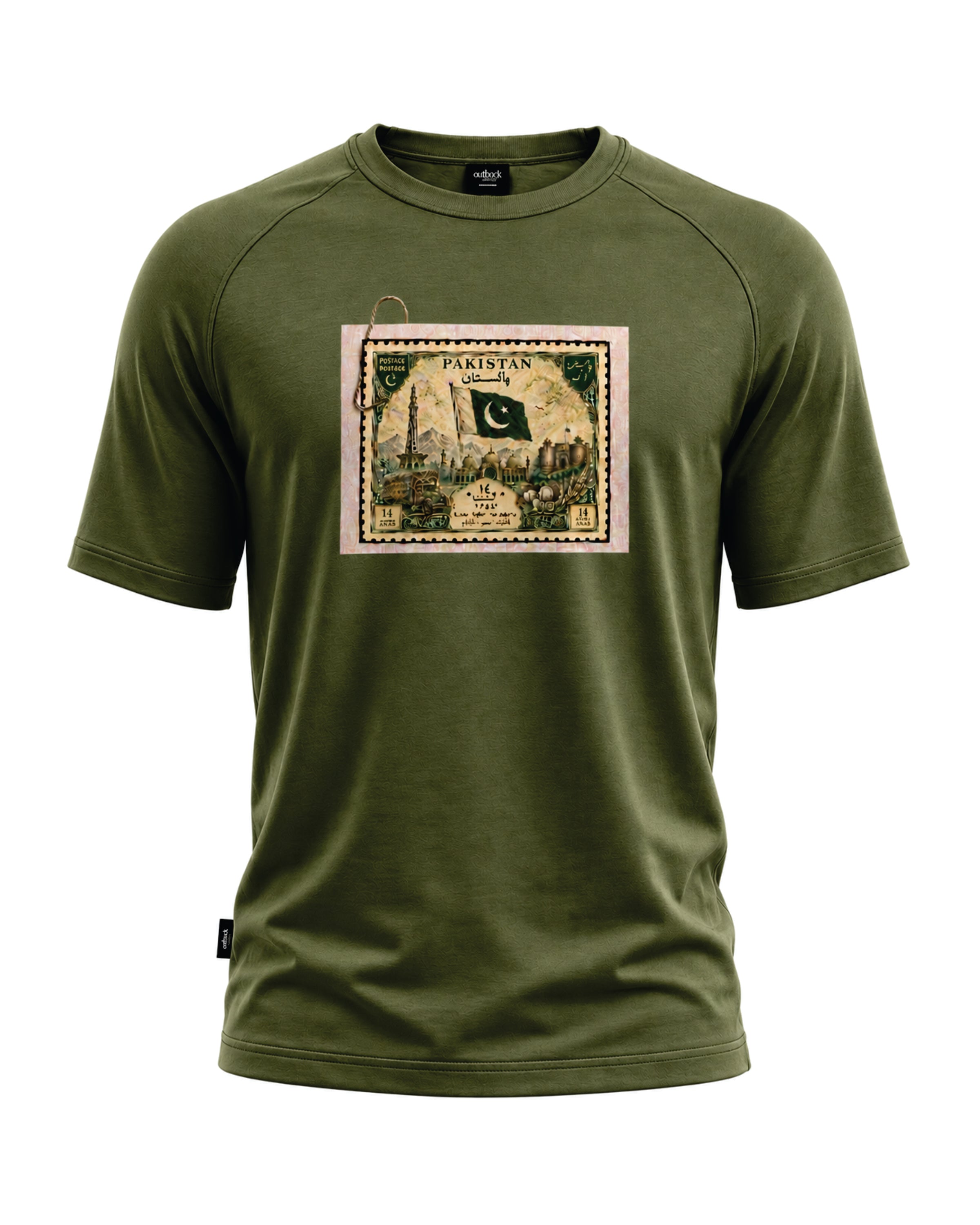 An olive green short-sleeve t-shirt with a vintage-style Pakistani postage stamp graphic printed on the chest, displayed against a solid white background.