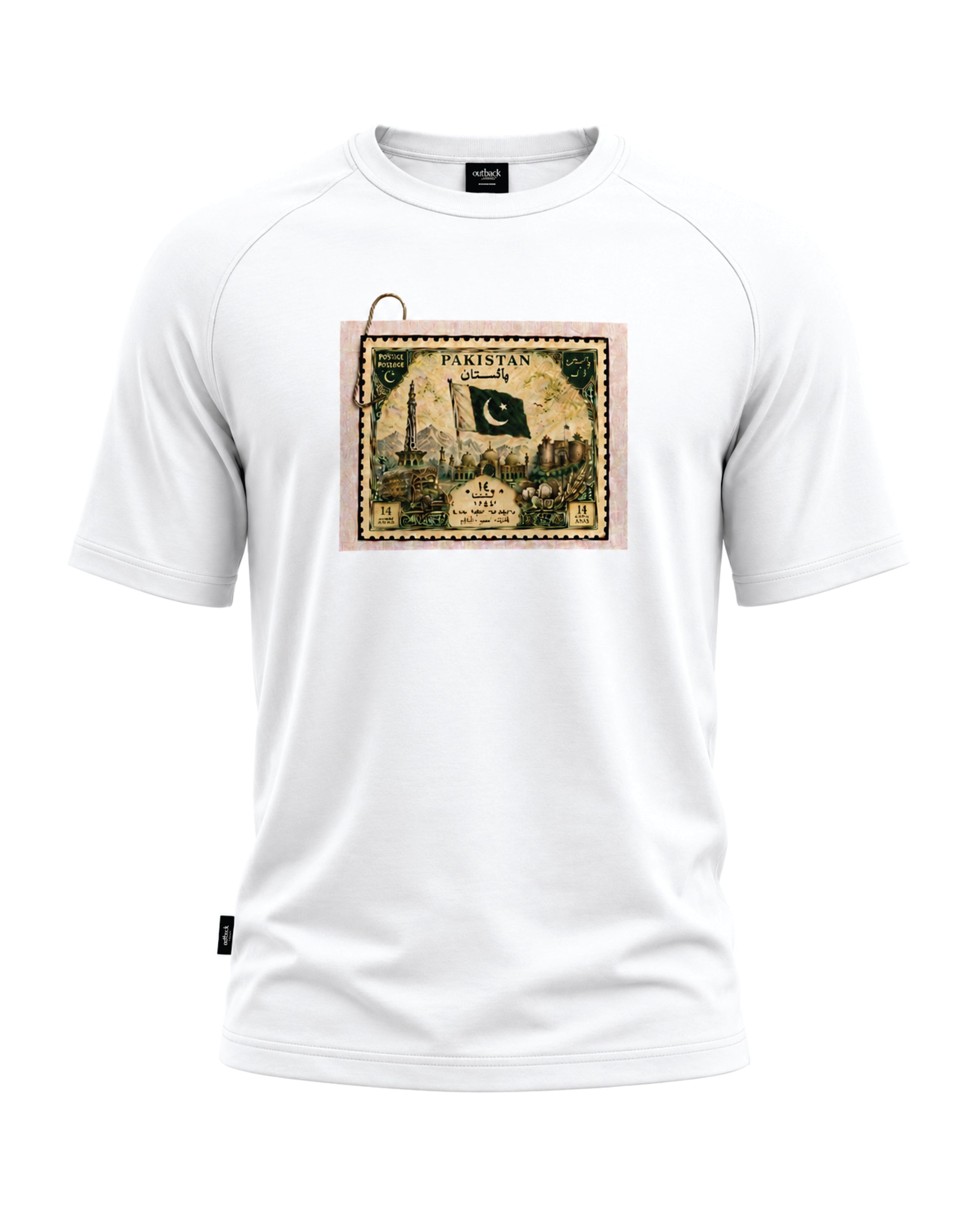 A white short-sleeve athletic t-shirt with a central graphic print of a vintage-style Pakistani postage stamp featuring the Pakistan flag and the word 'PAKISTAN'.