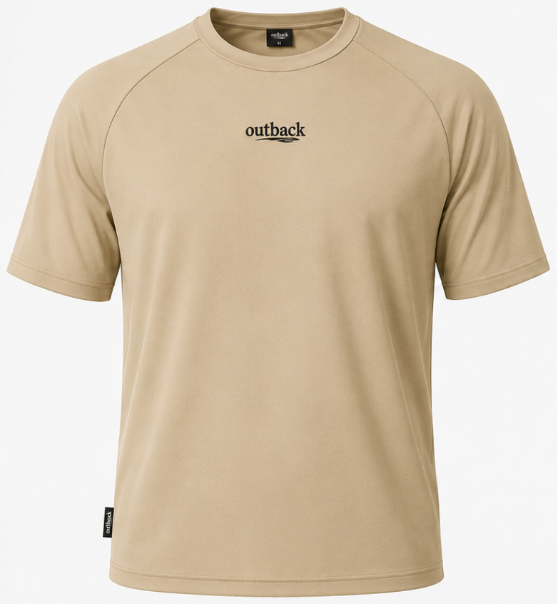 A beige short-sleeve athletic t-shirt shown from both the front and back views. The front features a black 'outback' logo on the left chest, and the back has a large vertical seam panel.