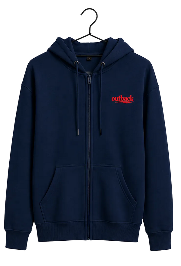 A navy blue zip-up hoodie shown from both front and back views, hanging on black hangers against a light gray background. The front features a small red 'outback' logo on the left chest, and the back features a larger red 'outback' logo with a white underline.