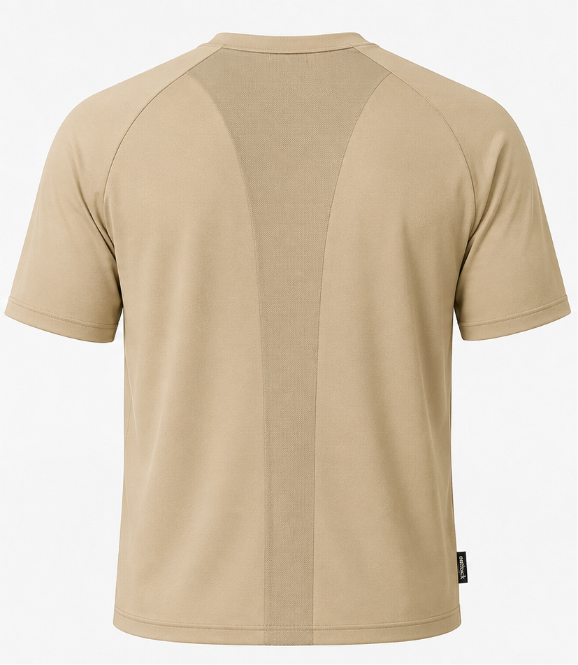 A beige short-sleeve athletic t-shirt shown from both the front and back views. The front features a black 'outback' logo on the left chest, and the back has a large vertical seam panel.