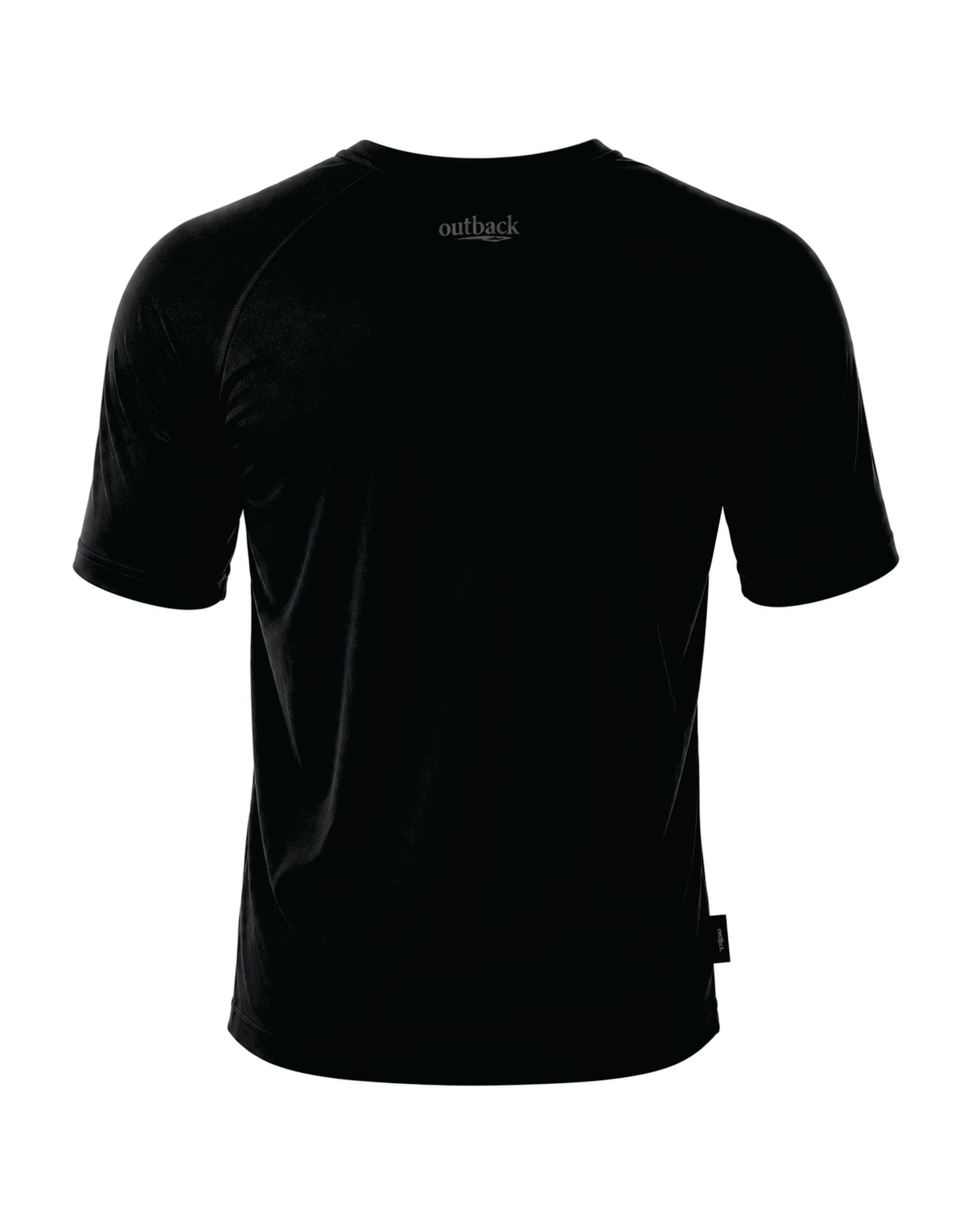 A black short-sleeve athletic t-shirt with a small white 'outback' logo printed on the inner neck, displayed against a solid white background.