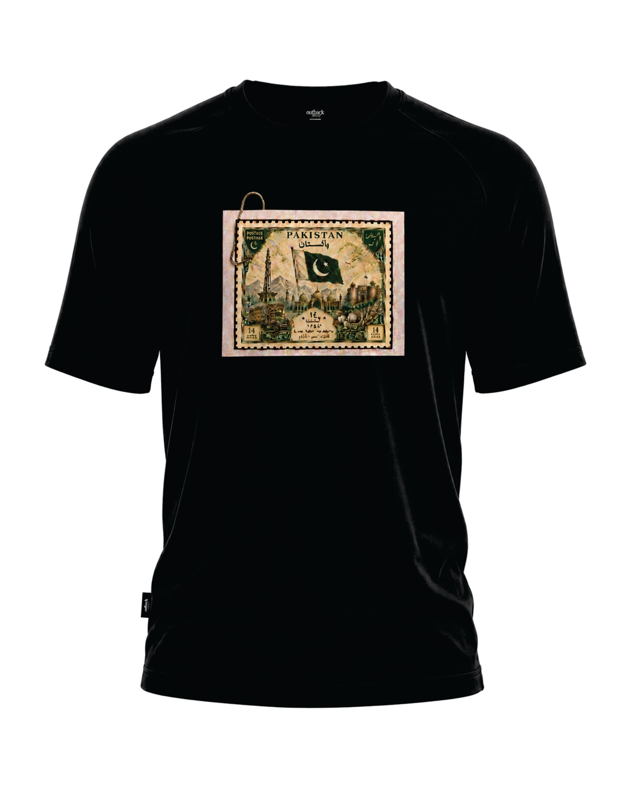 A black short-sleeve crewneck t-shirt featuring a vintage-style graphic print of a Pakistan postage stamp on the chest, displayed against a solid white background.